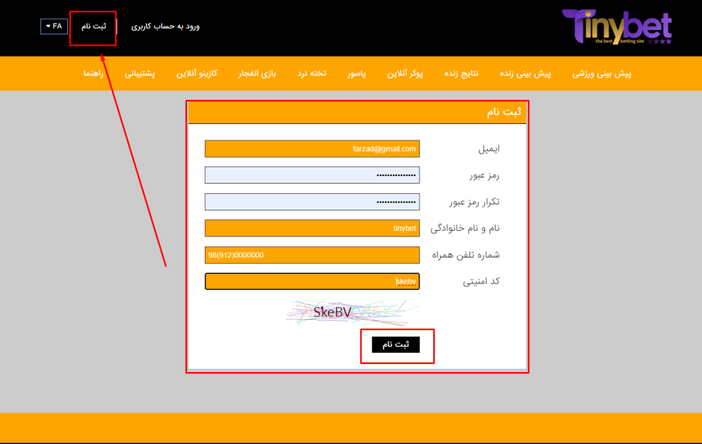 ثبت نام در یسایت تاینی بت